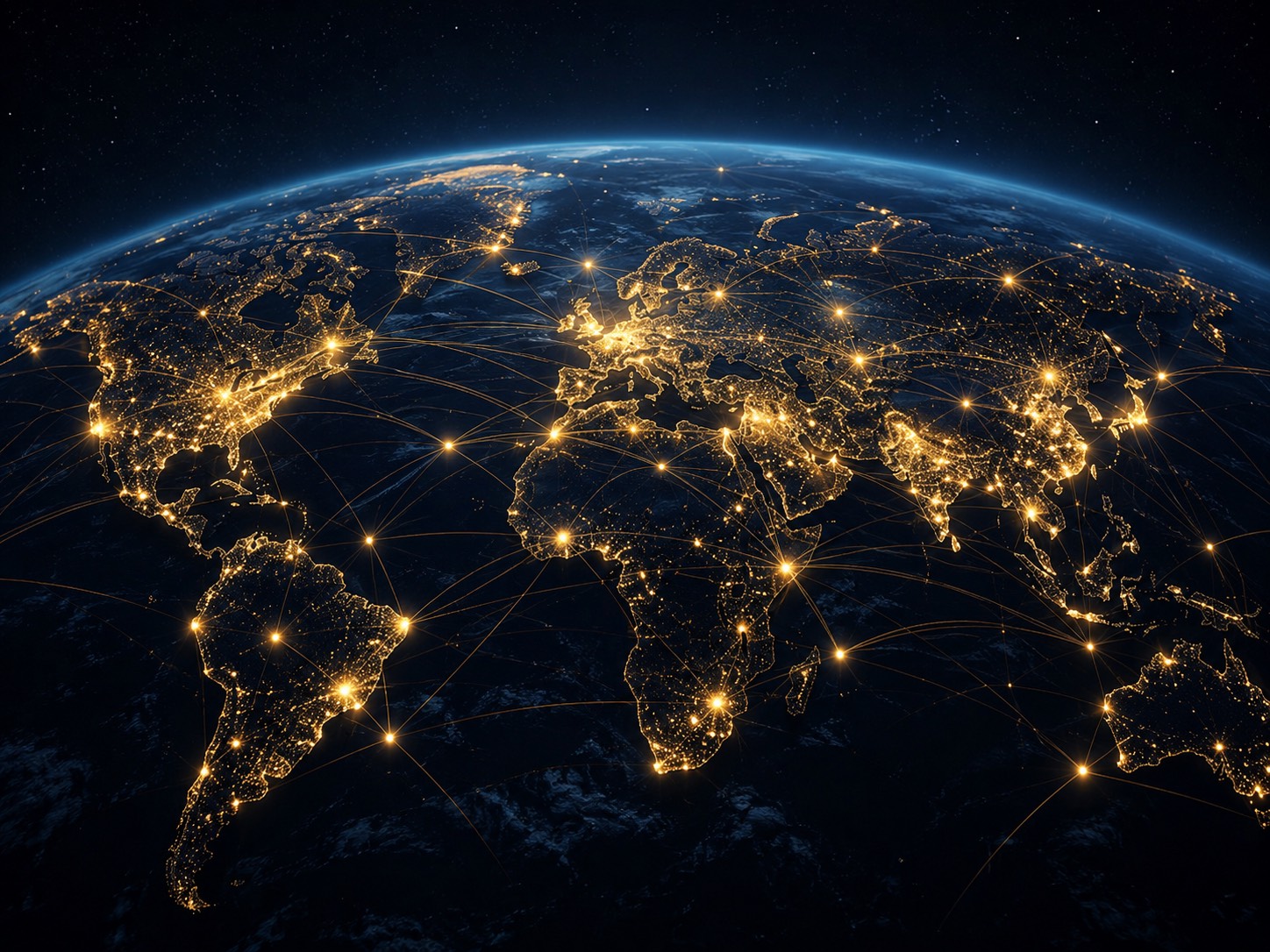The earth seen from orbit at night, with lit shipping and trade corridors