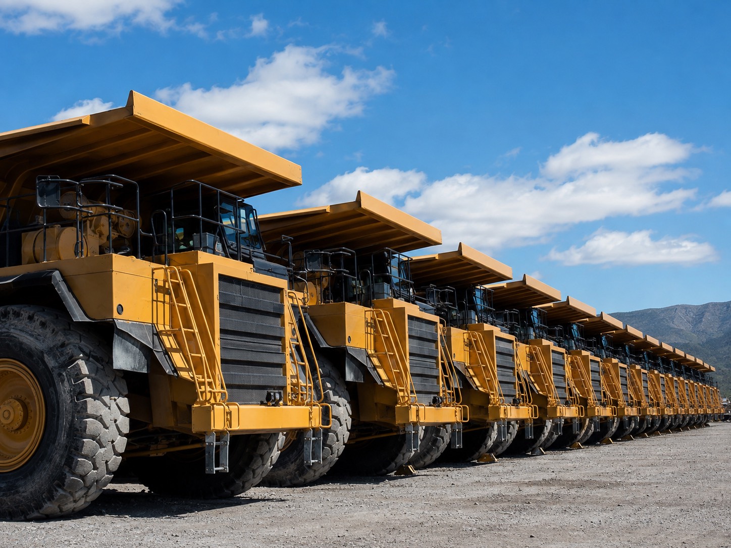 Line of heavy material-handling machines parked in an open equipment yard