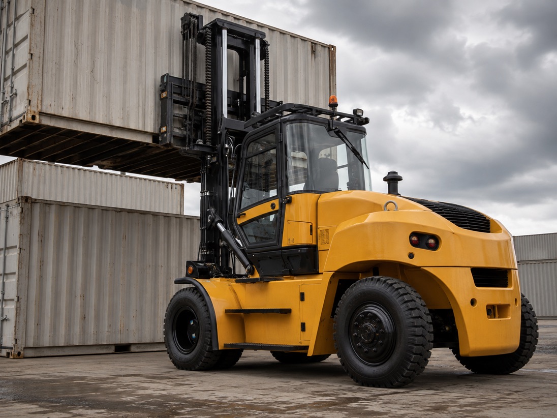 Heavy-duty diesel forklift carrying a steel coil across an industrial yard