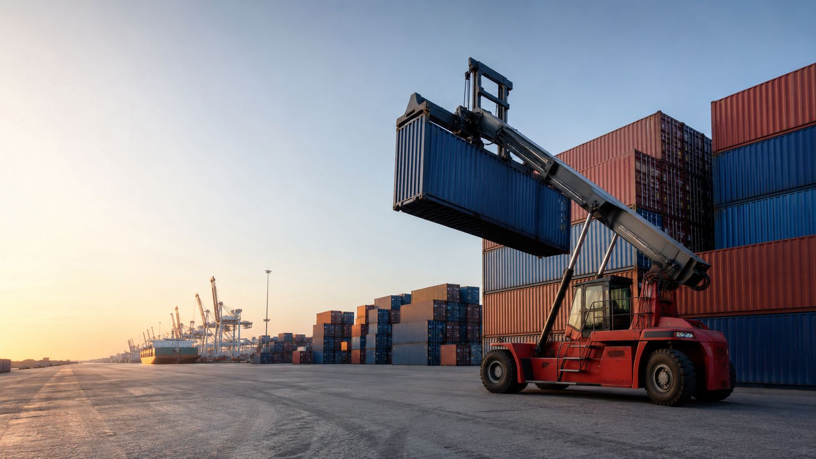 Container terminal at dusk, with gantry cranes working over rows of stacked shipping containers