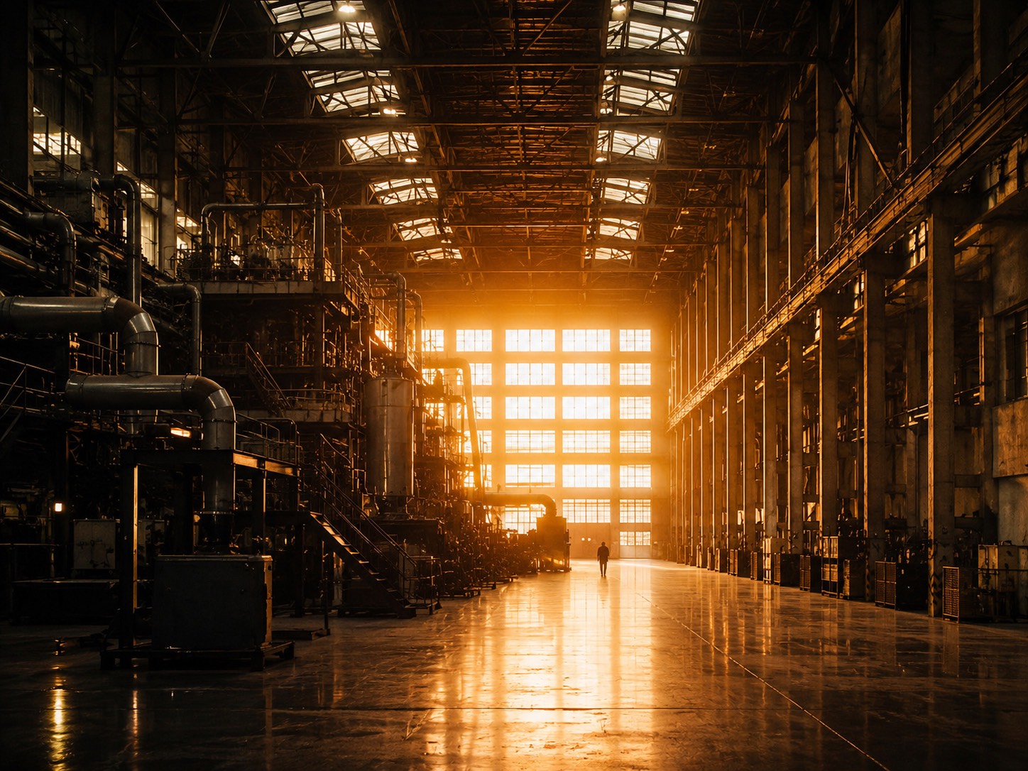 Interior of an industrial plant at sunrise