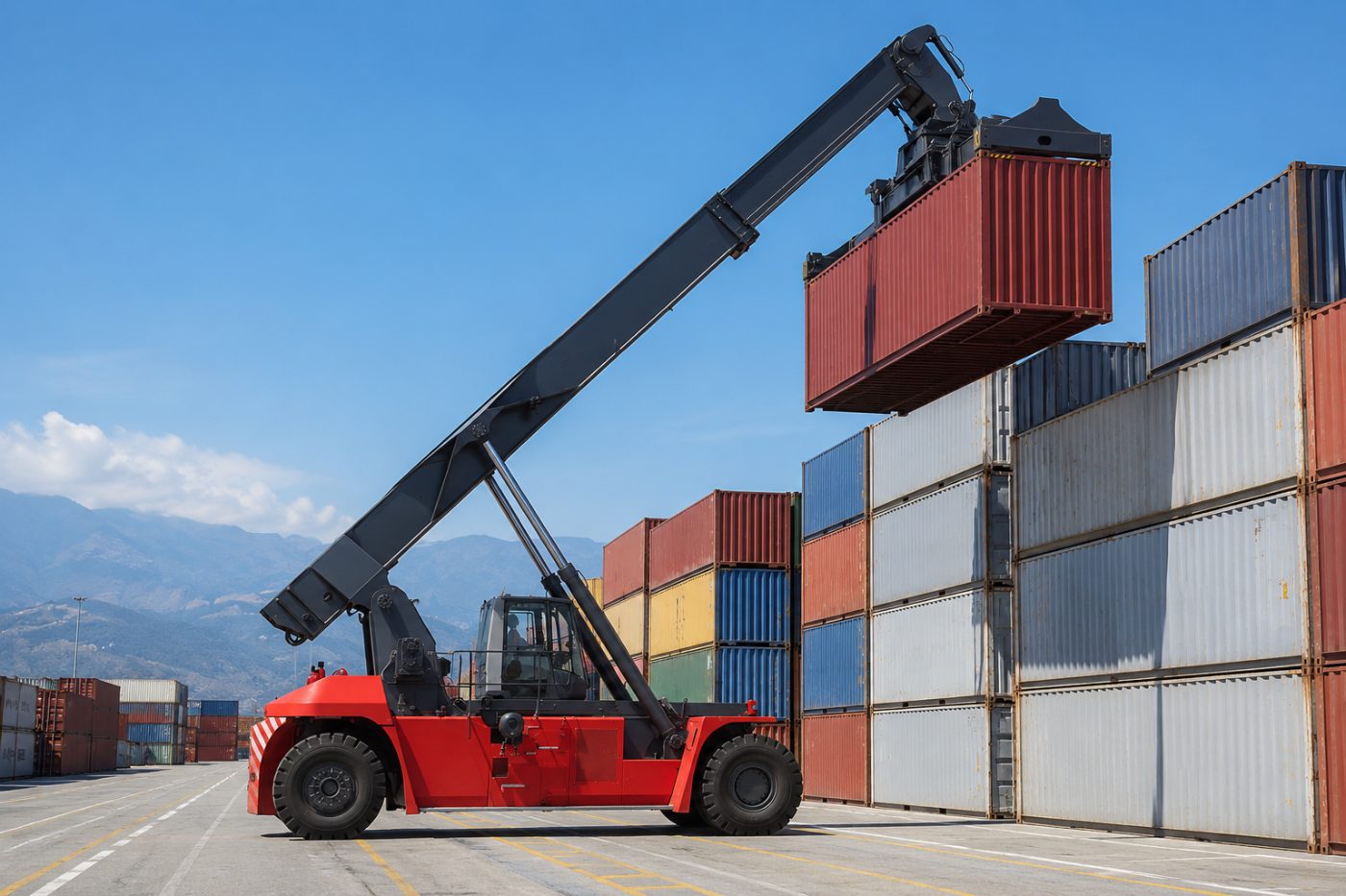 Reach stacker lifting a shipping container onto a stack in a terminal yard