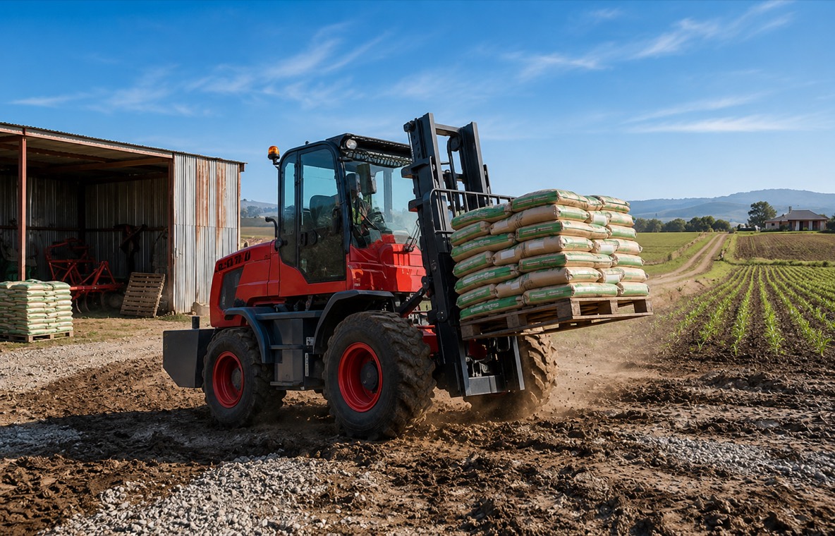 Four-wheel-drive rough-terrain forklift working on unpaved gravel ground