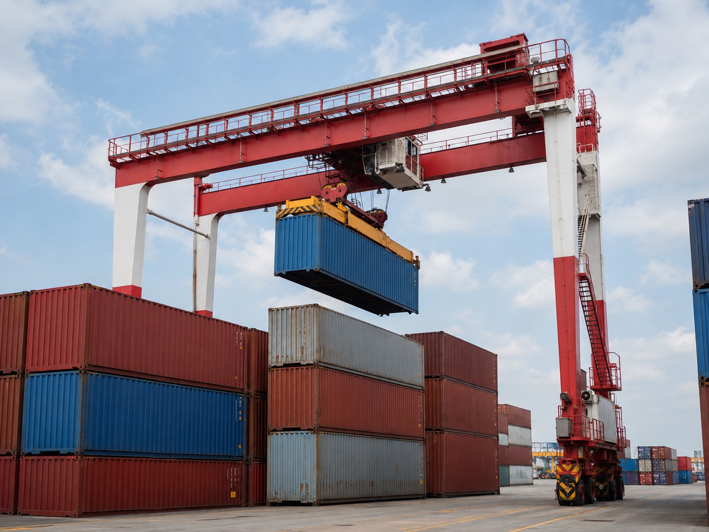 Rubber-tyred gantry crane lifting a container over a yard stack
