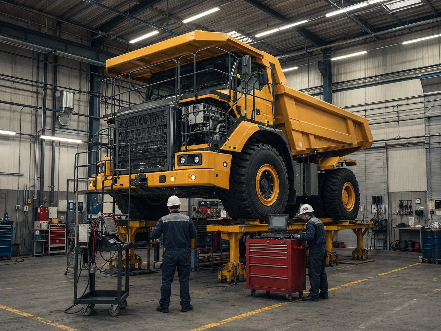 Technicians servicing a heavy machine in a workshop bay