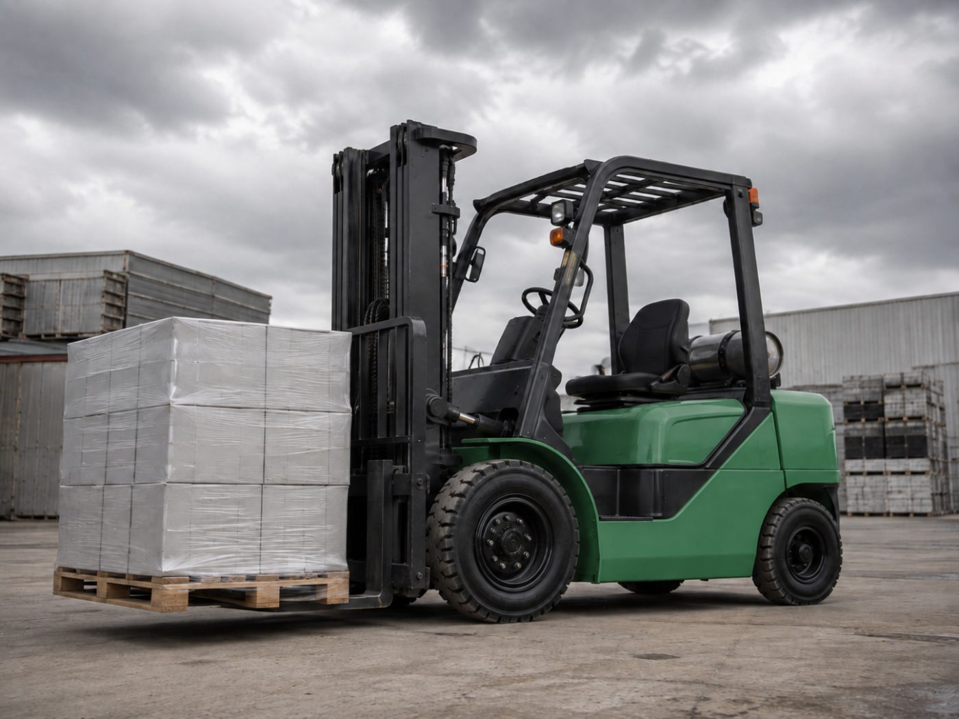 Standard counterbalance forklift handling palletised goods in a warehouse