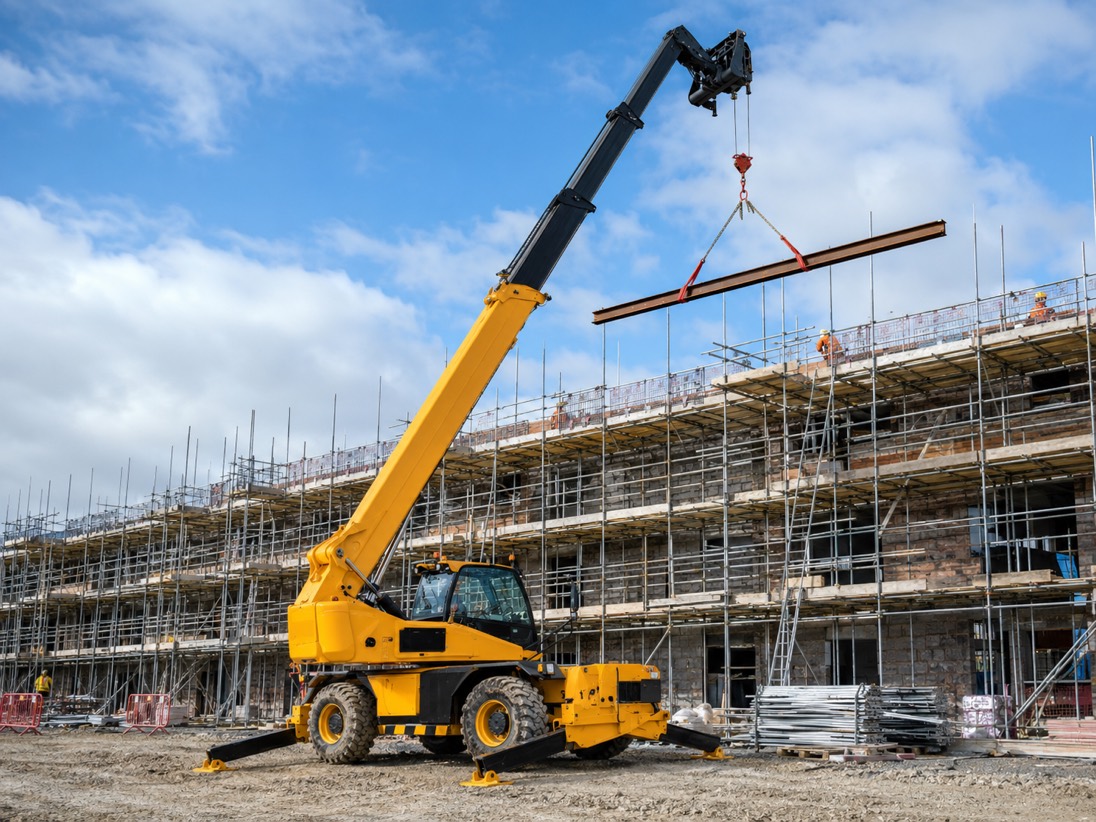 Telescopic handler raising a bundle of steel sections on a construction site