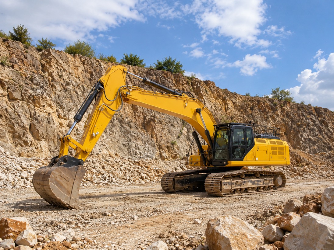 Wheeled excavator positioned at a roadside utilities works